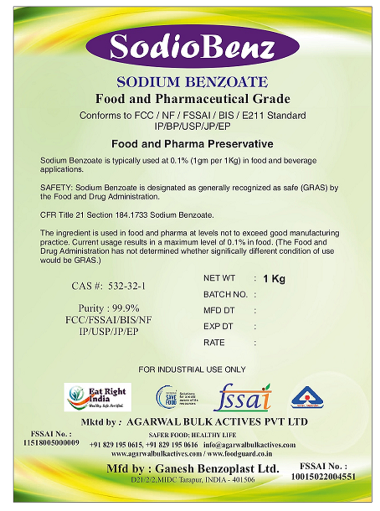 Ganesh Brand Sodium Benzoate 1kg packing, For As Recomended, Bag