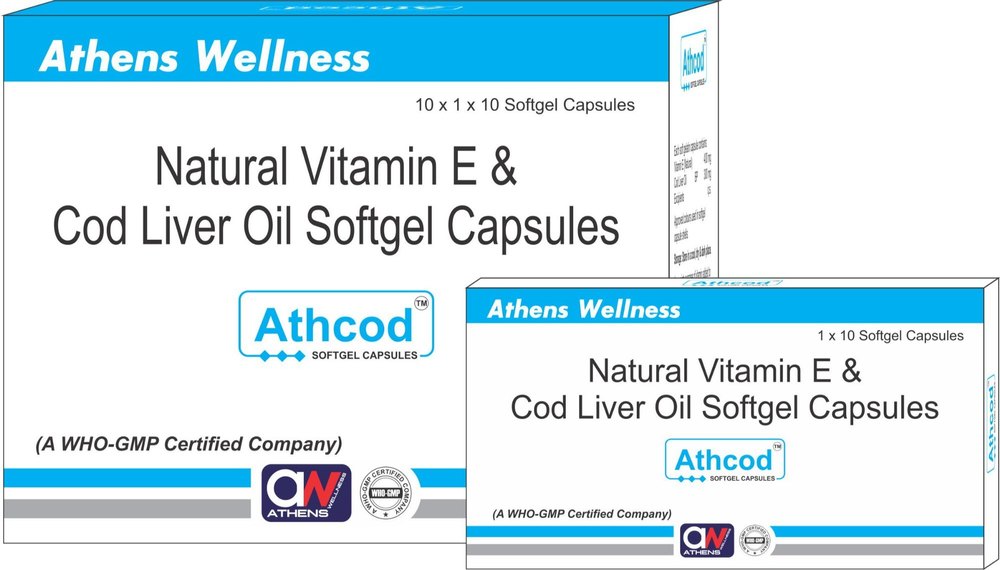 Athcod Natural Vitamin E and Cod Liver Oil Softgel Capsules, Packaging Type: Box