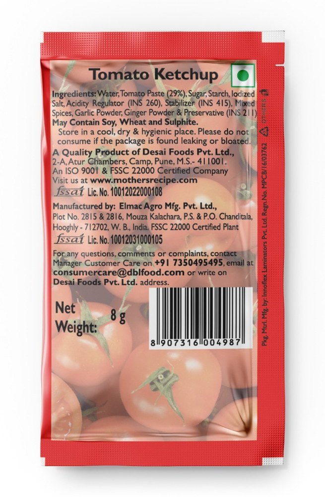ELMAC Tomato Ketchup 8 Gm, Packaging Type: Sachet