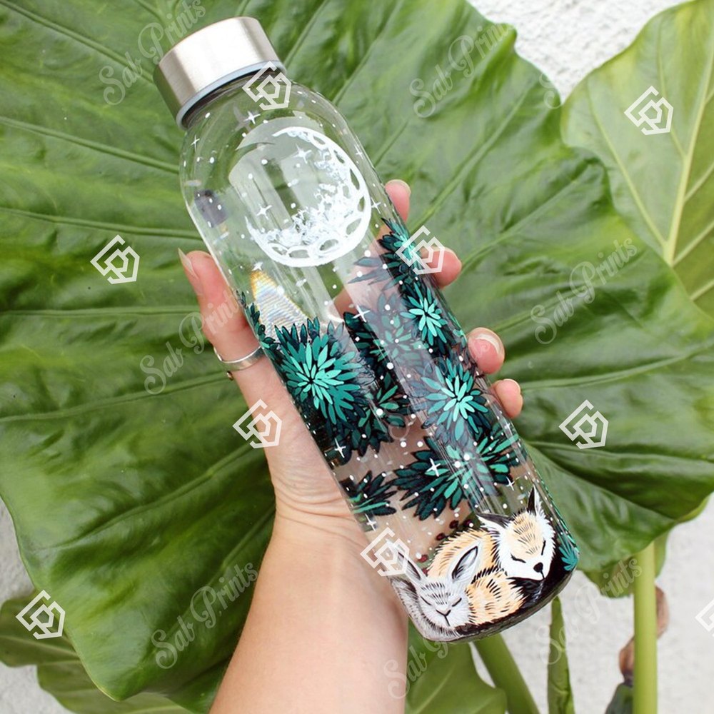 Drinkware Clear Printed Glass Water Bottle, Capacity: 550 ML, Size: Width 6.5cm X Length 23cm