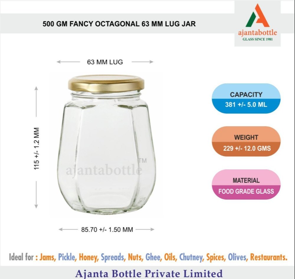 Type Iii Tin Metal 500 Gms Octaganal 63 Mm Lug Jar, 380 ML