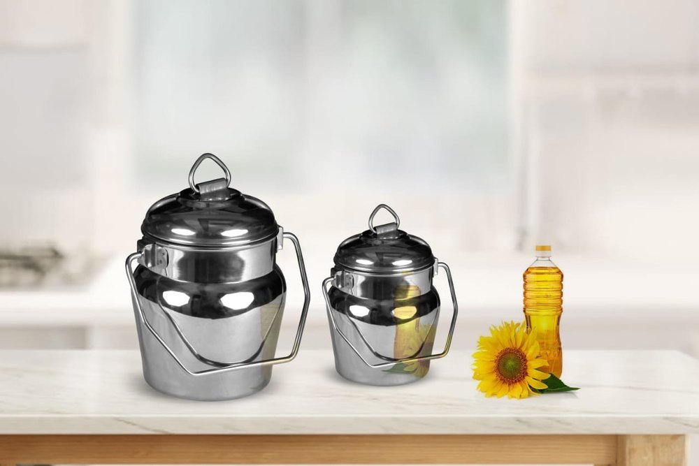 Circular Silver Stainless Steel Milk Storage Jar Set, Size/Dimension: 750ml, 1L