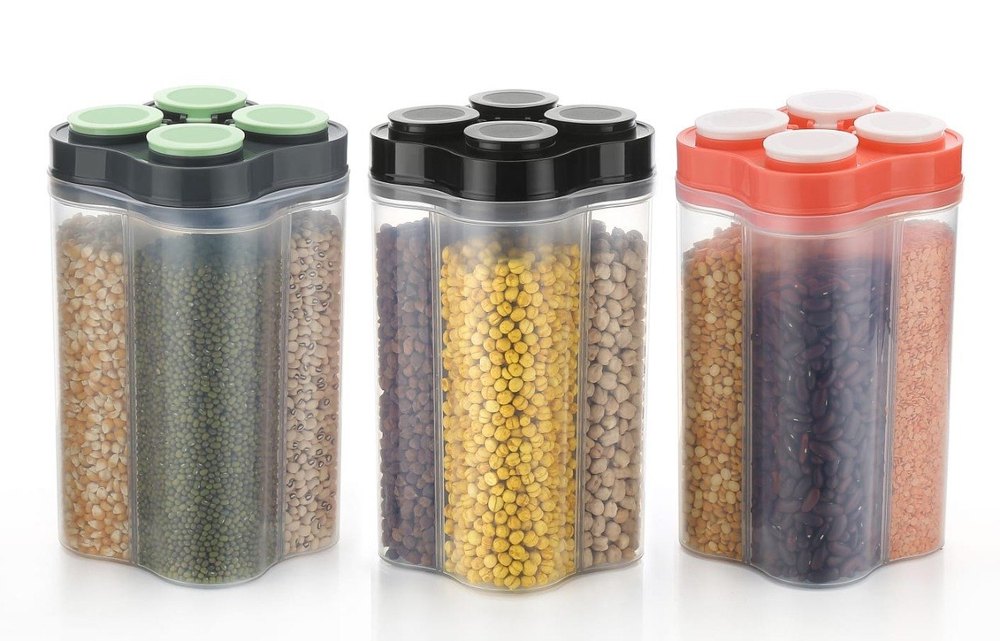 Plastic 4 Section Airtight Container Jar, For Kitchen Storage, Capacity: 2500ML