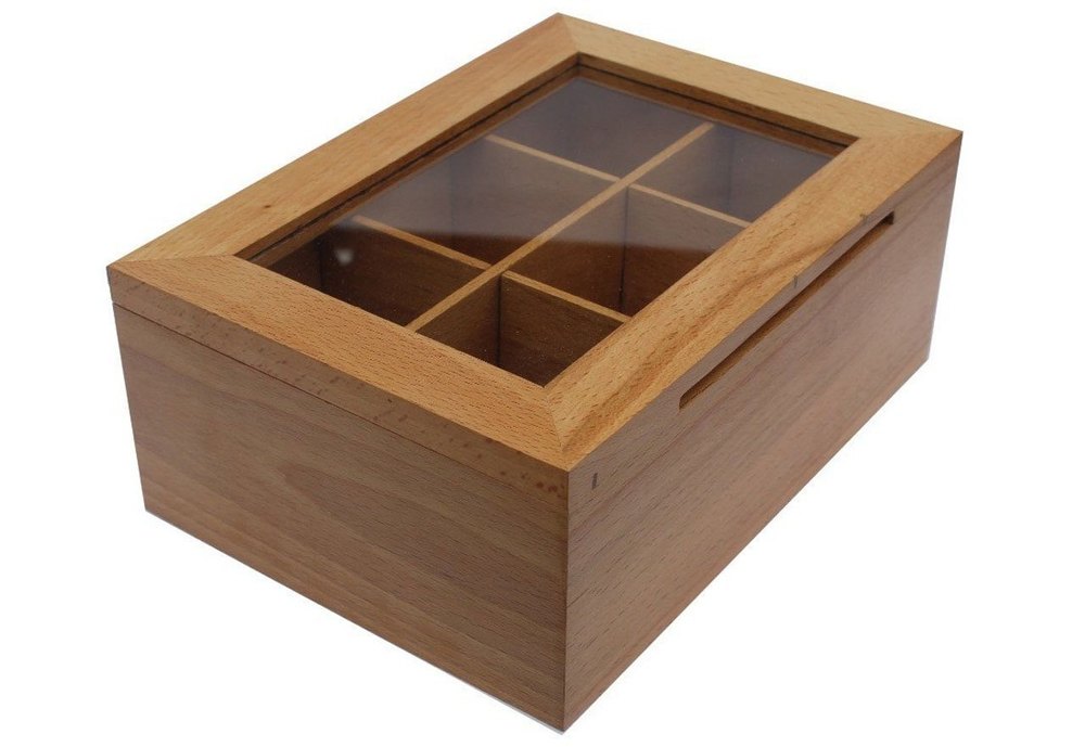 Brown 6 Compartment Wooden Tea Box - Tea Bag Organizer Chest, Rectangle