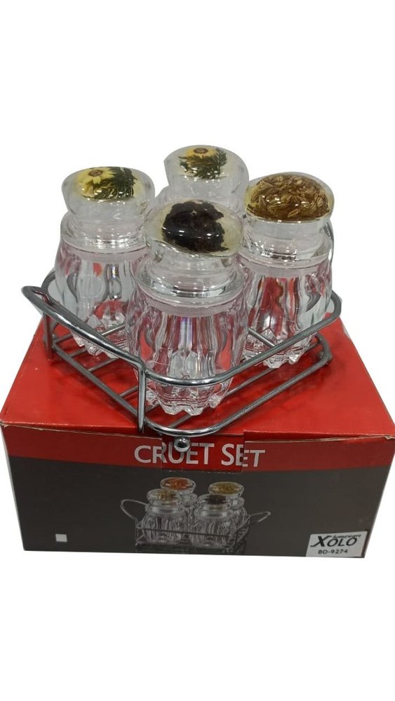 Transparent Acrylic Cruet Jar Stainless Stand Set, For Home