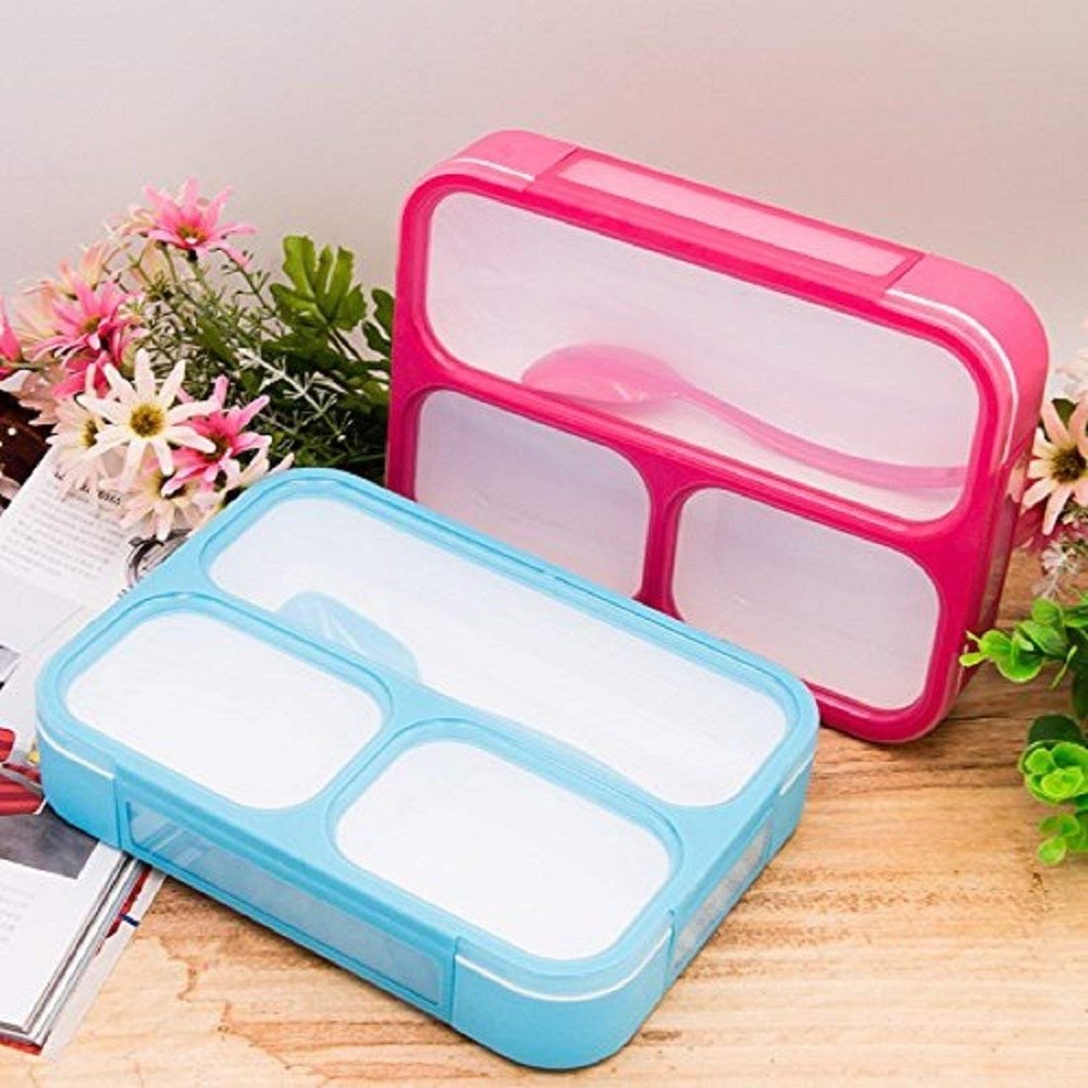 Plastic 3 Compartment Bento Lunch Box, For School img