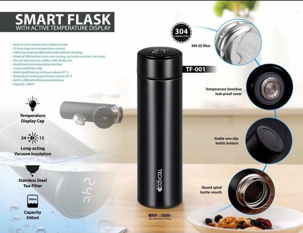 Stainless Steel Black Thermal Vacuum Flask, Temperature Display Cap, Capacity: 500ml