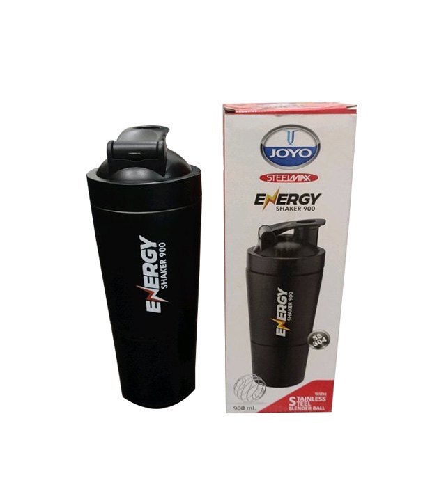 Stainless Steel Black Joyo 900ml Steelmax Energy Shaker Bottle, 530 G, Cylindric Shape