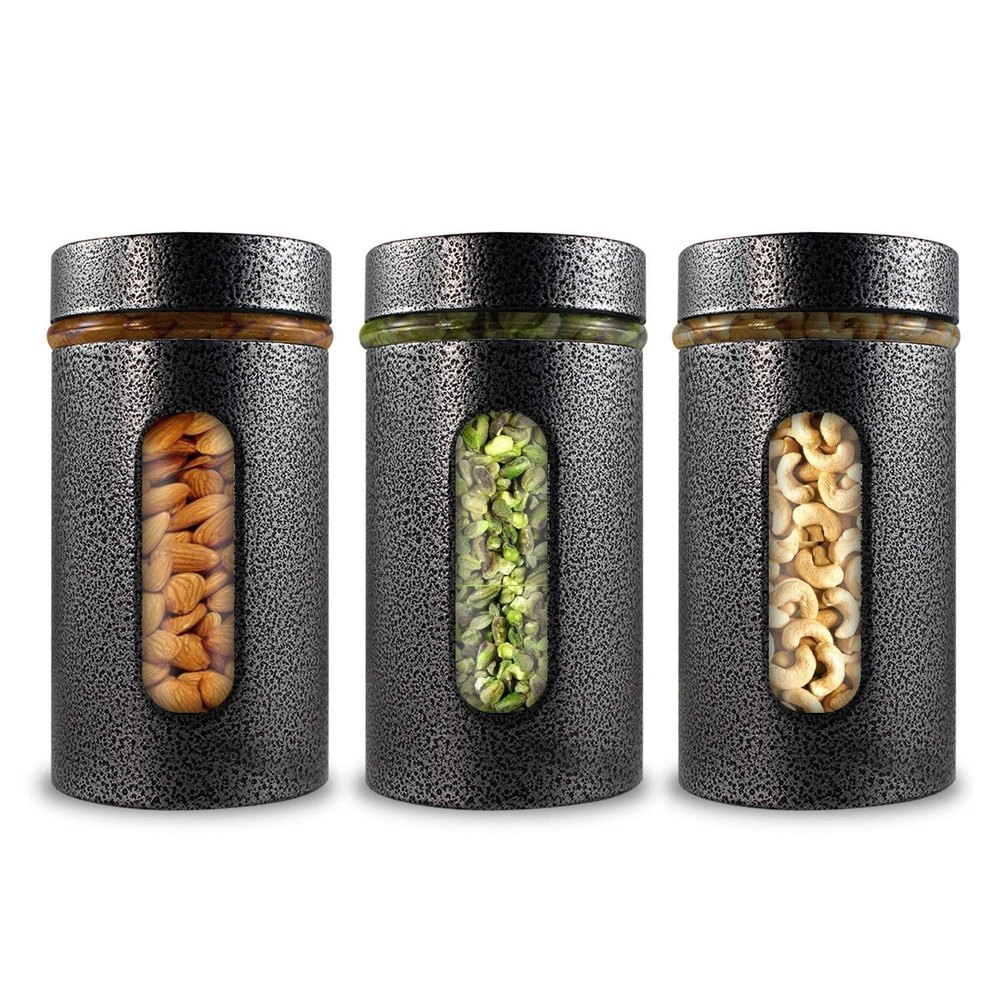 Home Puff Premium Airtight Glass Canisters Set, 550ML, 3-Piece (Silver)