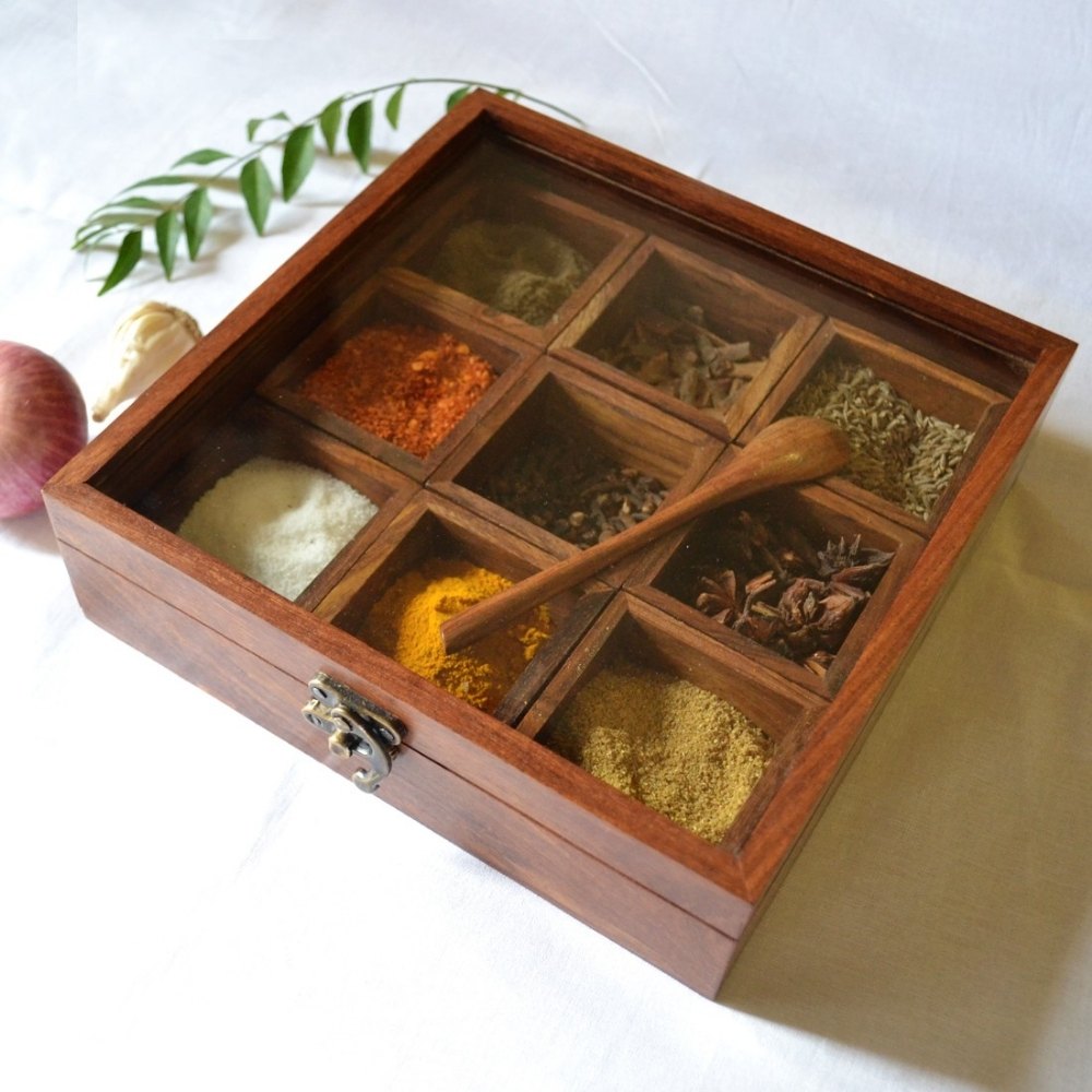 Ceramic Brown Wooden Spice Box, For Kitchen