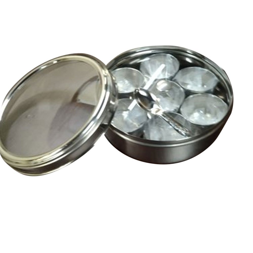 Round Silver Stainless Steel Spice Box, For Kitchen, Thickness: 10mm