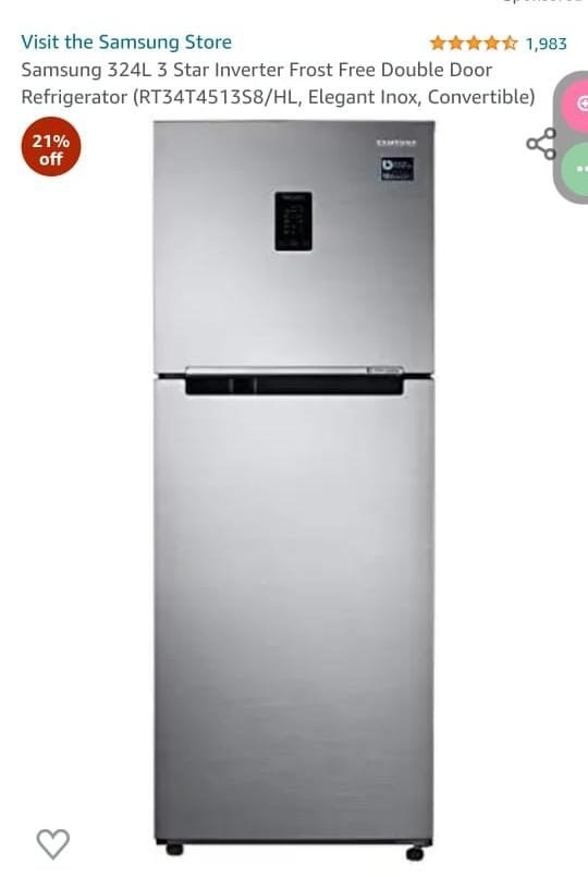 Gray Samsung Refrigerator Rt34t4522s8, Double Door, Capacity: 300-400 L