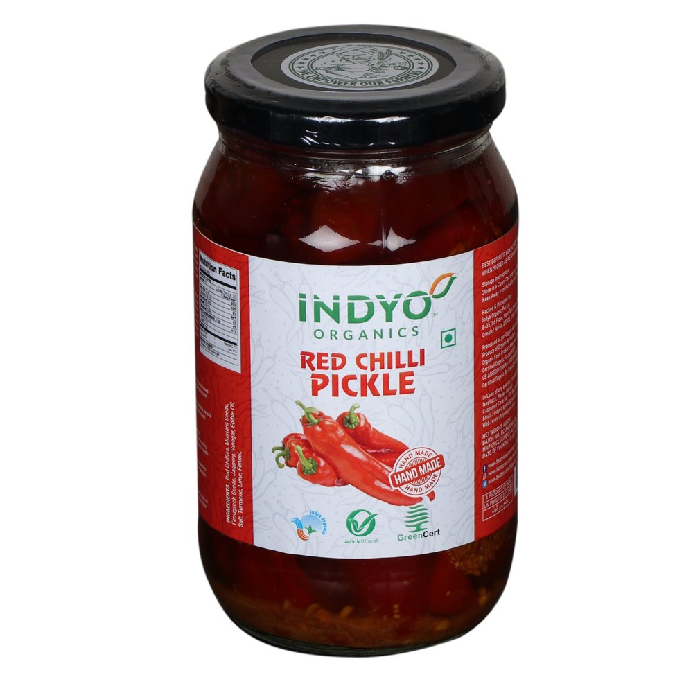 Spicy/Sour Grounded And Whole Stuffed Red Chilli Pickle, Packaging Type: Glass Jar, Packaging Size: 400 Gm img