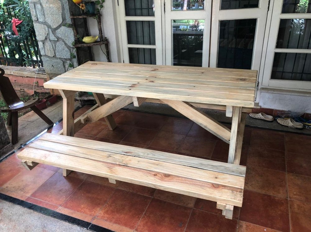 OM Pine Wood Picnic Table, For Home, Size: 72x30x29