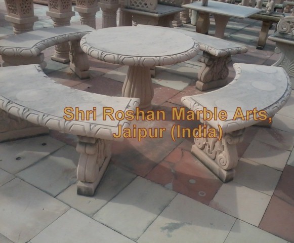 4 Feet Length X 1.5 Feet Wide X 1.75 Feet High X 3 Benches + 2.5 Feet High Table X 3 Feet Diameter Garden Stone Furniture