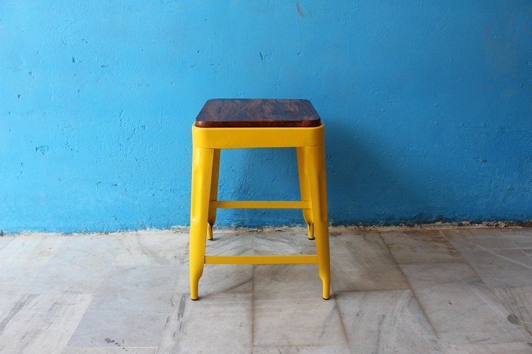 Powder Coated Iron Stool With Wooden Top