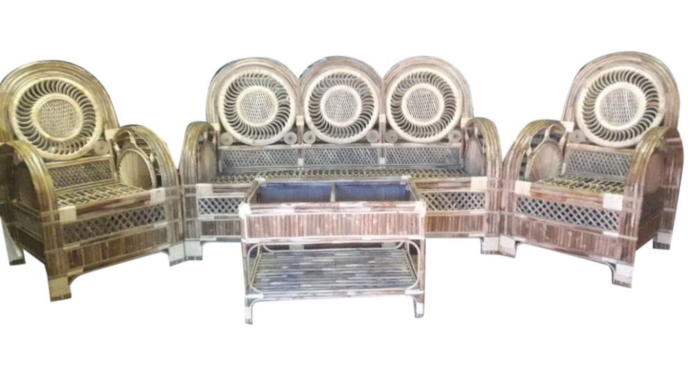 Curved Cane Sofa Set, With Table