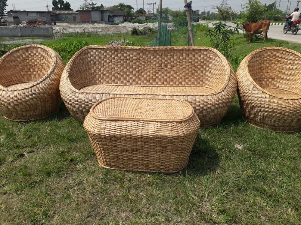 Brown 3 Seater Cane Apple Sofa Set, For Household, With Table