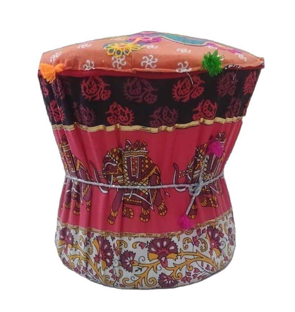 Round Wooden And Cotton Printed Colorful Rajasthani Mudda