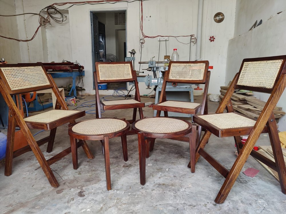 Wooden Rattan cane chair and coffee table Set