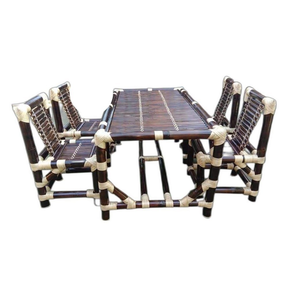 Wooden Rectangular 4 Seater Bamboo Dining Table Set