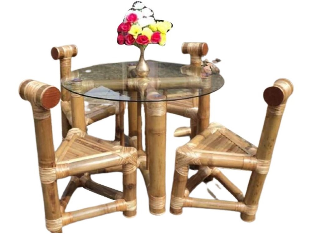 Round Brown Bamboo Chair Table Set