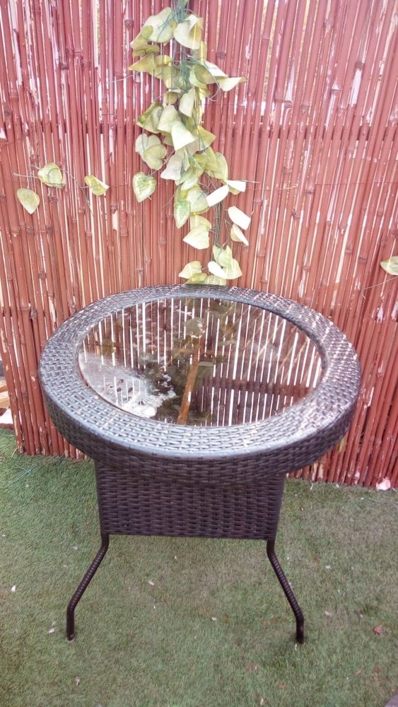 Chocolate Brown Round Glass Top Bamboo Table