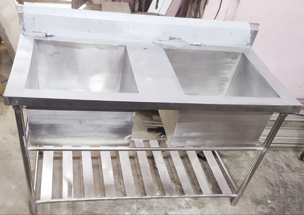 Silver 304 Stainless Steel Double Commercial Kitchen Sink, 4x1 Feet