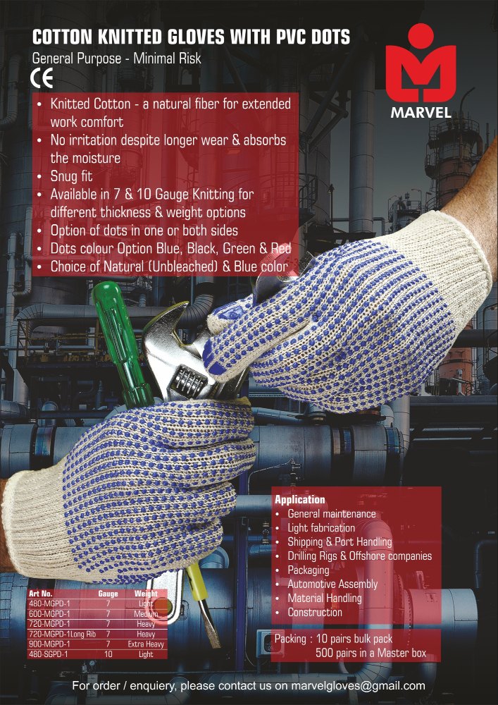 Marvel Hand Gloves Cotton Safety Glove, Size: Free