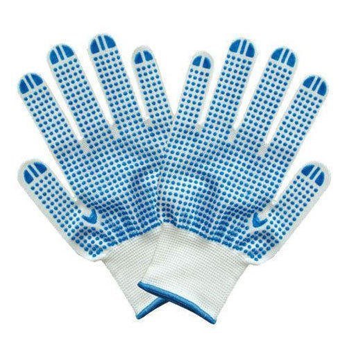 Full Fingered WHITE, BLUE COTTON DOTTED HANDGLOVES, Size: Standard Size