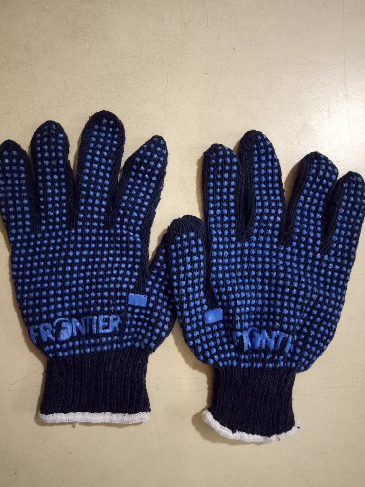 Full Fingered Blue Cotton Knitted Dotted Gloves, Size: 8