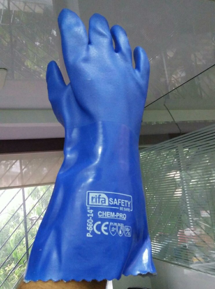 Printed blue Pvc Supported Gloves, 11-15 Inches, Finger Type: Full Fingered