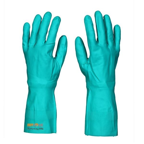 Green Rubber Nitrile Flock lined Chemical Resistant Gloves, Size: Free Size