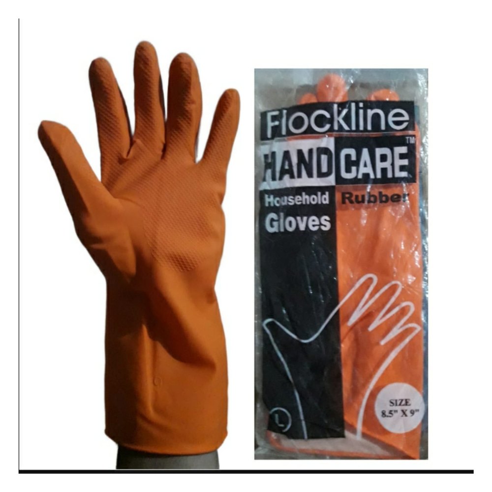 Orange Unisex Flockline Handcare Household Rubber Gloves, Size: Free Size