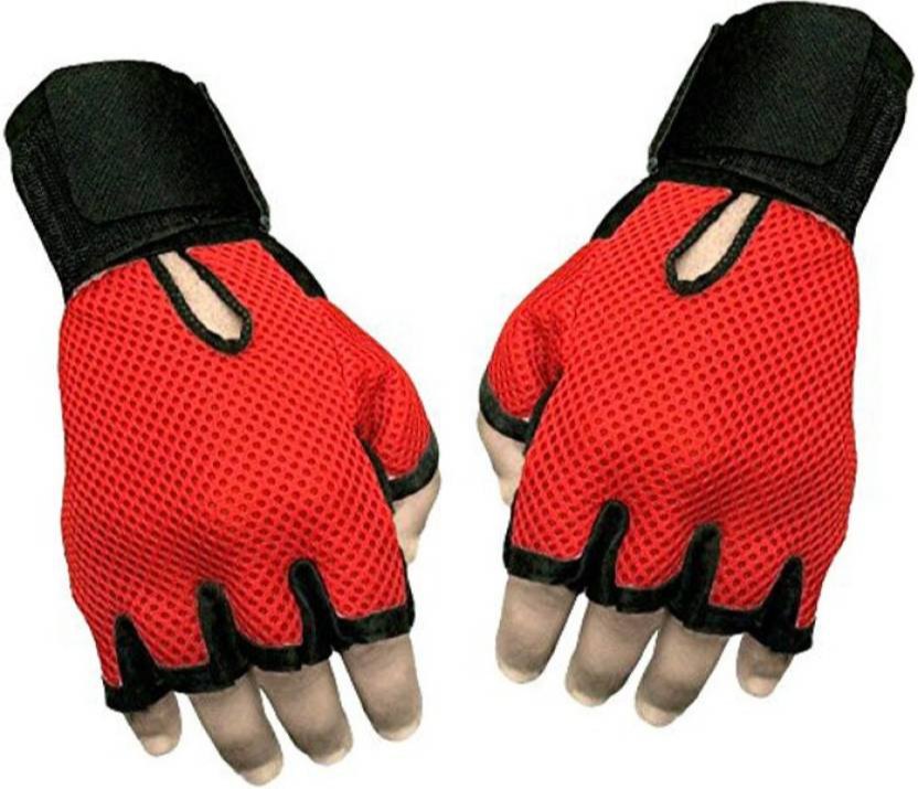 Red and Black Polyester Half Finger Gloves, Fitness Gloves, Riding Gloves