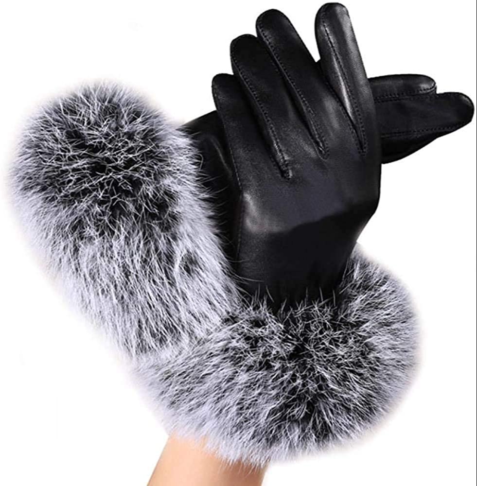 Women Leather Gloves Autumn Winter Warm Fur Gloves Mittens