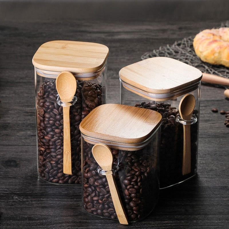 500 ML Wooden Lid Glass Jar With Spoon, For Food Storage