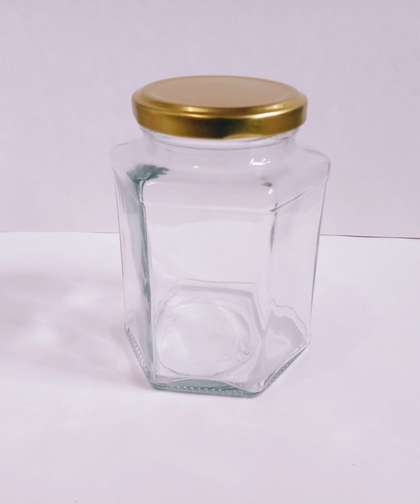 Lug Cap Transparent Hexagonal glass jar, For Commercial, 400ml