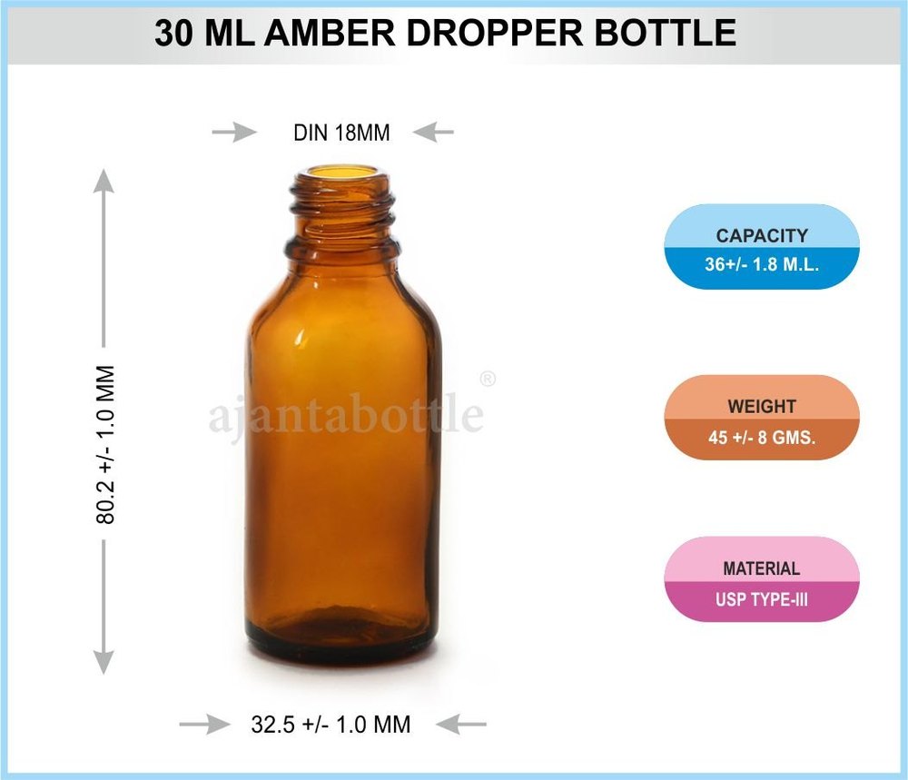 30 mL Amber Dropper Homeopathic Bottle for Pharmaceutical