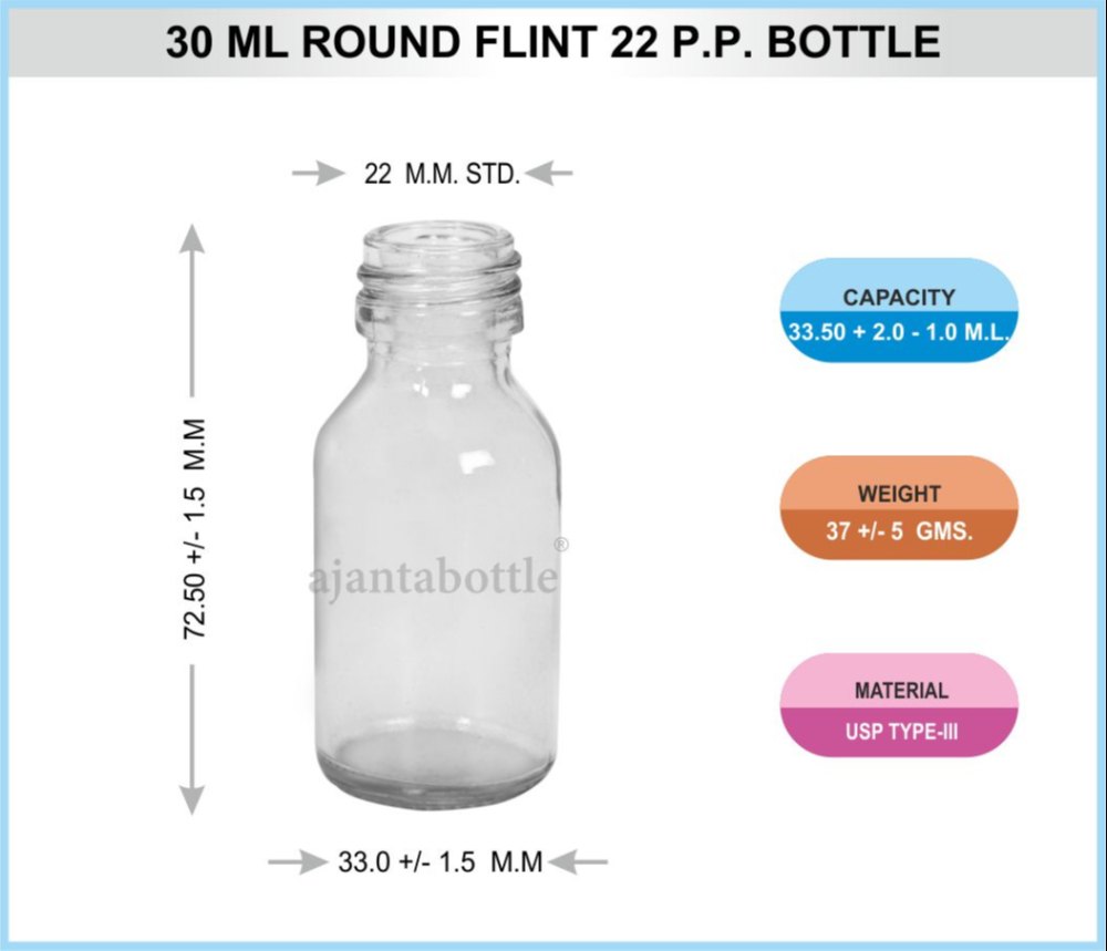 Plain Transparent Clear Pharma Round Glass Bottle 30 ml