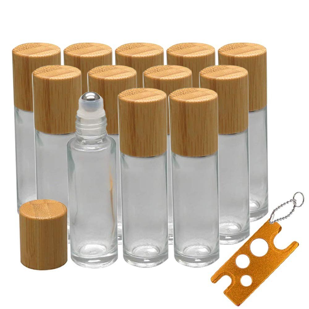 Transparent Bamboo Cap Roll On Glass Bottle 10 mL Metal Roll, Rectangular