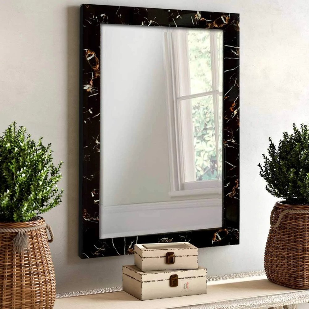 Wood Rectangular Marble Finish Wall Decorative Mirror, For Home