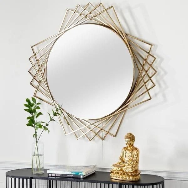 Toughened Glass Golden Wrought Iron Wall Decor Mirror, For Home, Size: 24 Inch (diameter)