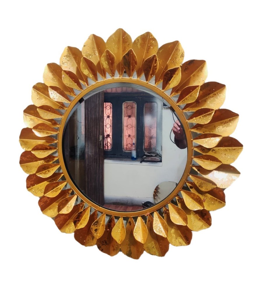 Golden Wrought Iron Round Wall Mirror, For Home