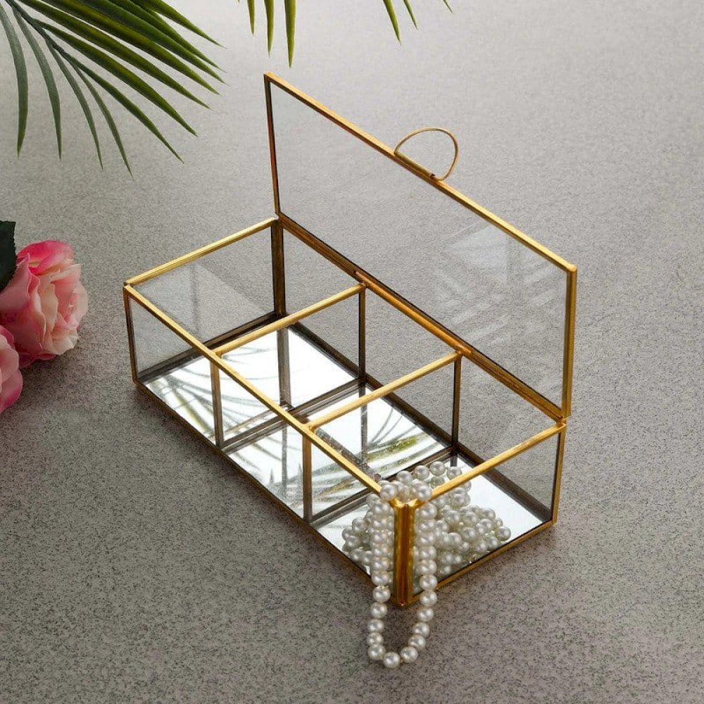 Glass & Metal Rectangular 3 Compartment Jewelry Box