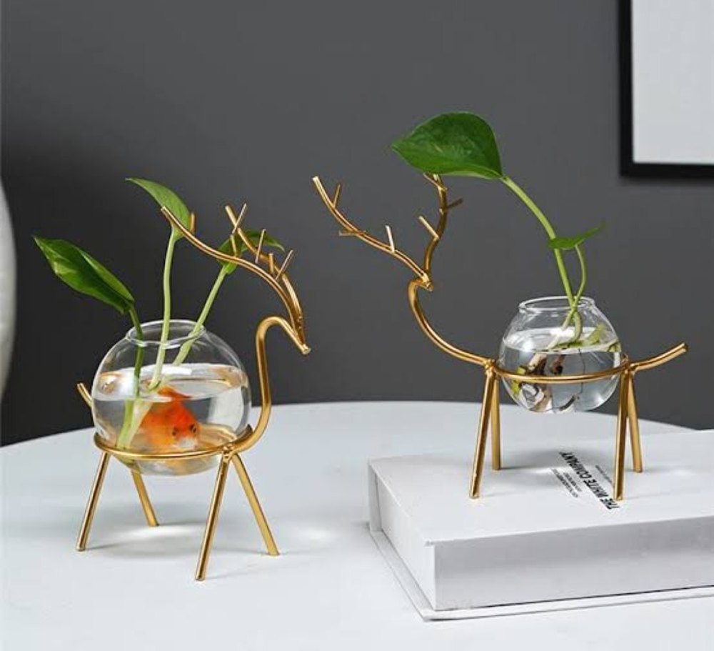 Transparent Round Set Of 2 Piece Metal Planter With Glass Pot, For Decoration