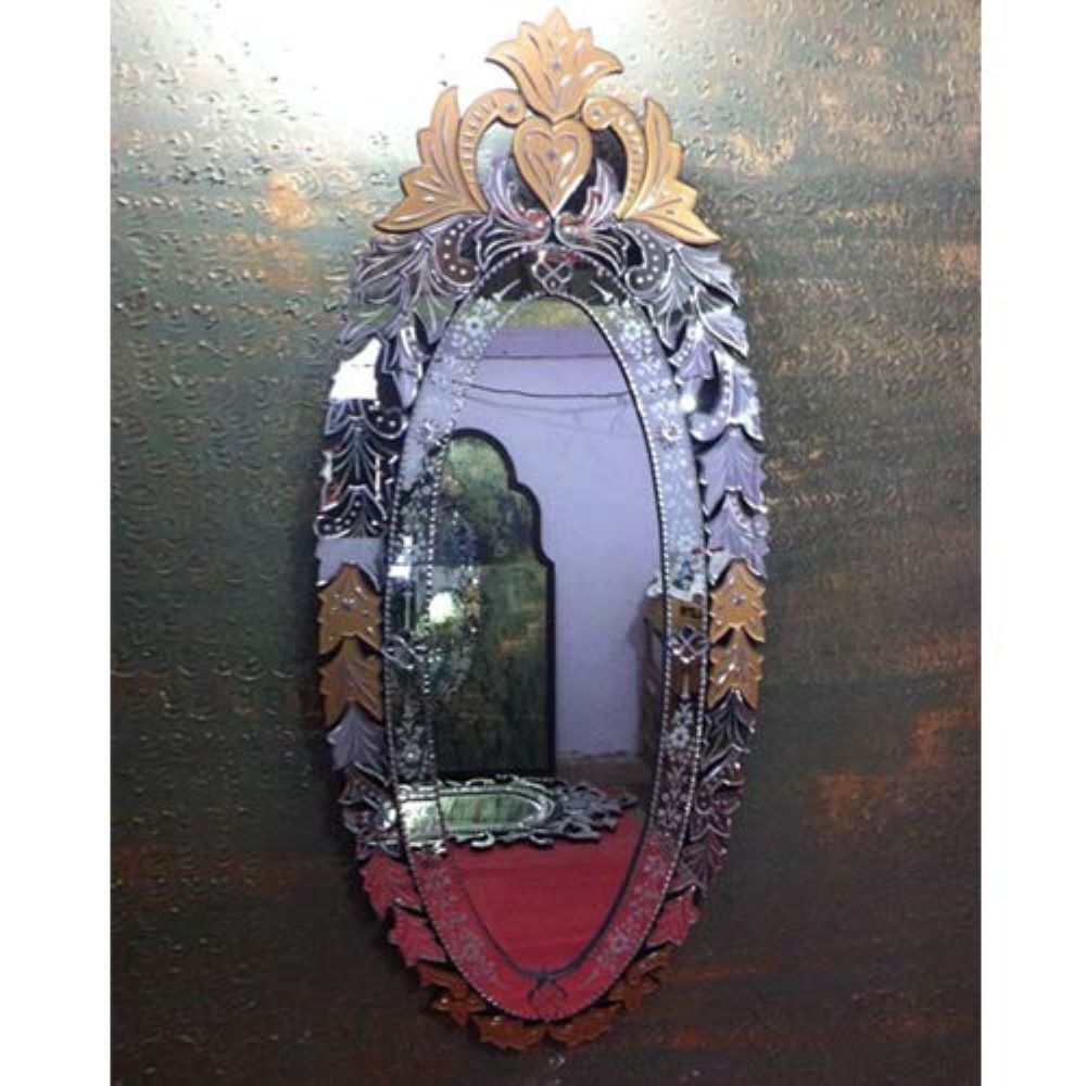 Alfa Design Glass Wall Mounted Taj Crown Oval Golden Colour Venetian Mirror, For Home