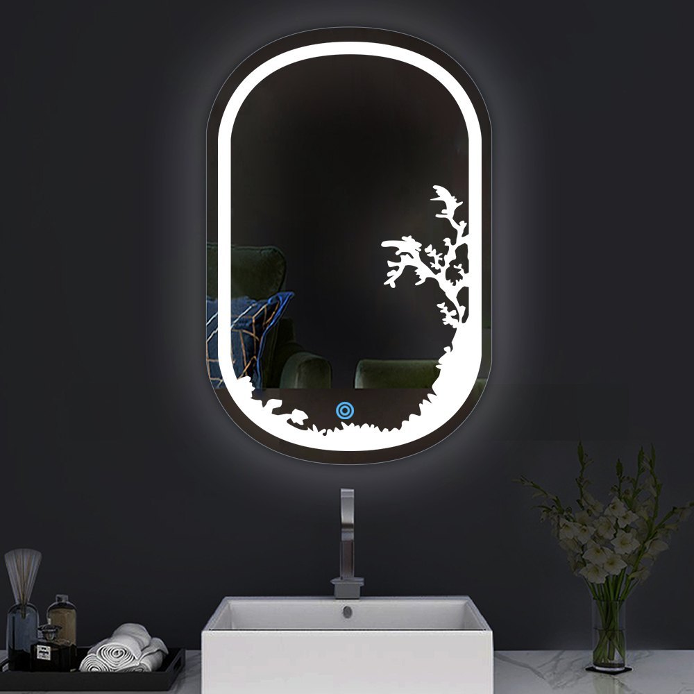 Wall Mounted LED Etching Border Edge Bathroom Mirror Glow-Natural White Light - Oval, 8.5 KG, Size: 24 Inch X 36 Inch