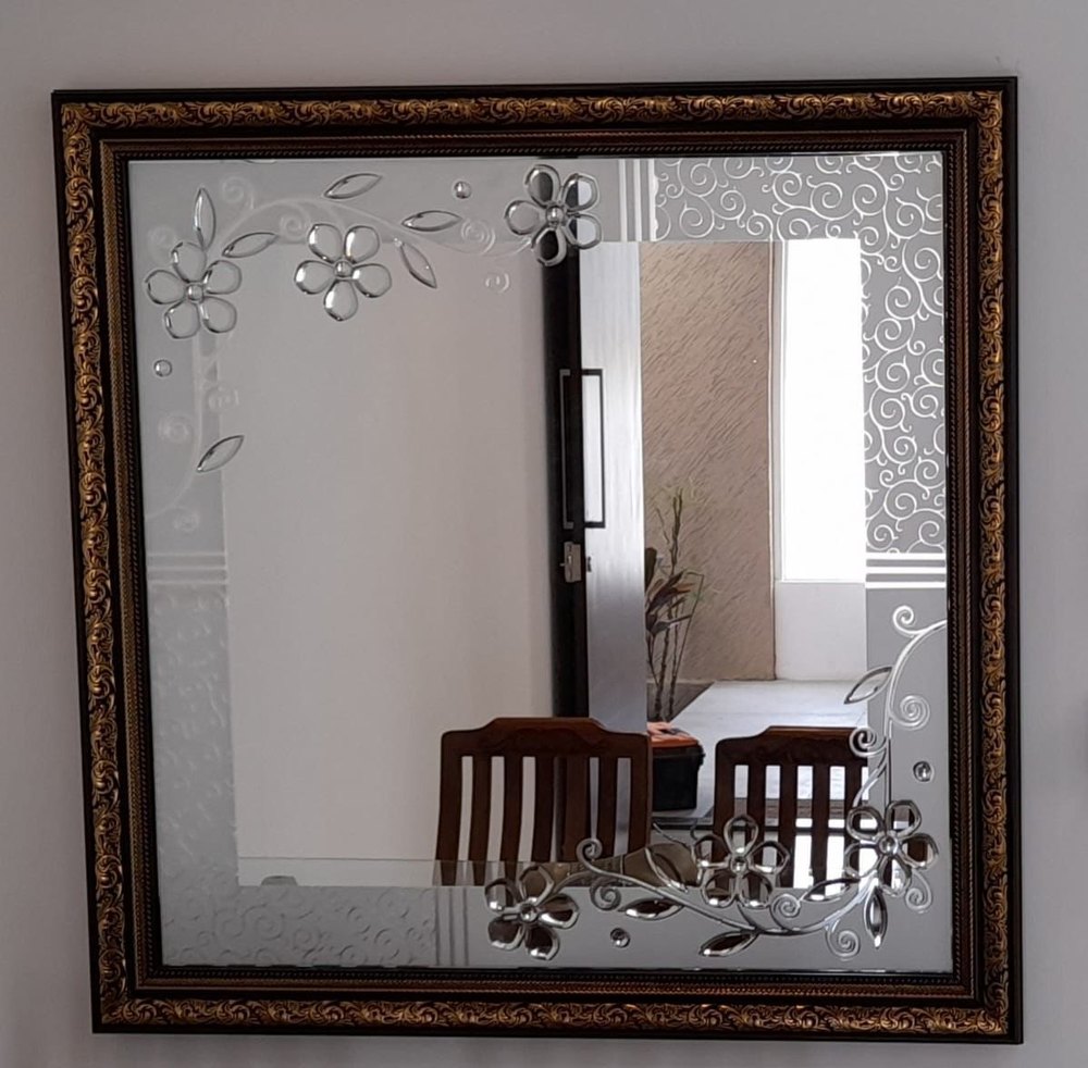 Brown (Frame) Glossy Acid Etched Wall Mirror, For Home