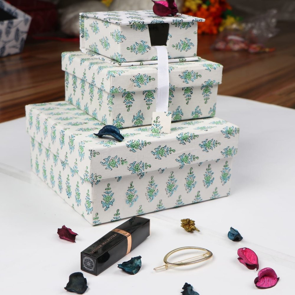 Cotton Floral Block Printed handmade Paper Square flow design box